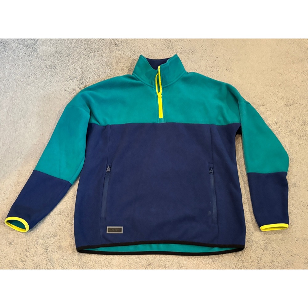 Superdry JPN Mens Small Colorblock Fleece Quarter Zip Pullover Teal Navy Blue